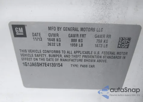 2014 Chevrolet Sonic Ls Auto z USA, uszkodzony, nr VIN 1G1JA6SH7E4139154